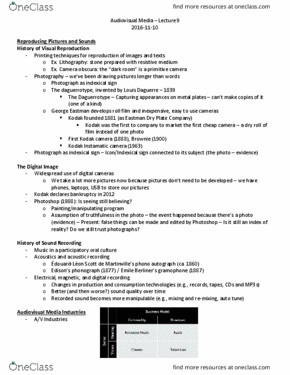 COMS 1000 Lecture Notes - Lecture 9: Kodak, Camera Obscura, Louis Daguerre thumbnail