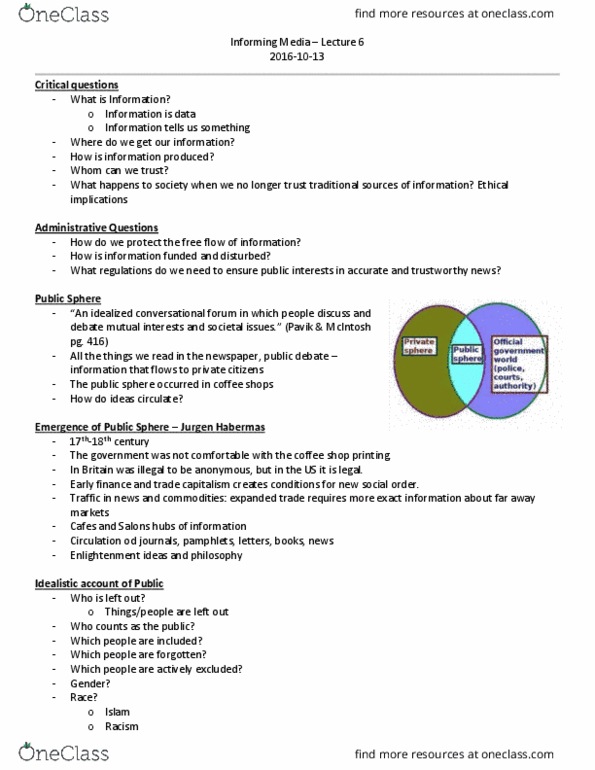 COMS 1000 Lecture Notes - Lecture 6: Yellow Journalism, Journalism, Public Sphere thumbnail