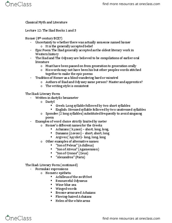 ENGB30H3 Lecture Notes - Lecture 12: Long, Long, Long, Dactylic Hexameter, In Medias Res thumbnail