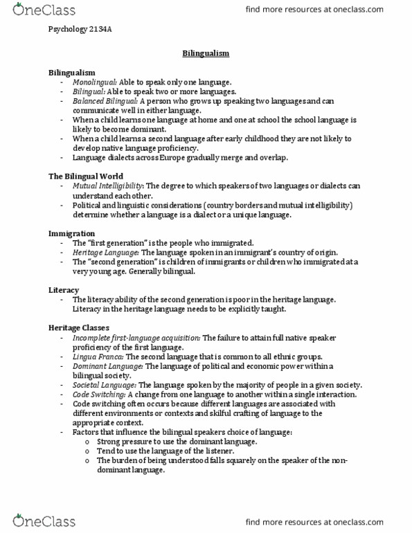 Psychology 2134A/B Lecture Notes - Lecture 10: Metalinguistic Awareness, Heritage Language, Mutual Intelligibility thumbnail