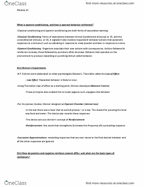 PSYC 1010 Chapter Notes - Chapter 21: Operant Conditioning Chamber, Reinforcement, Operant Conditioning thumbnail