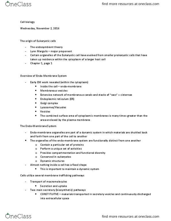BIOL 1090 Lecture Notes - Lecture 4: Lynn Margulis, Endoplasmic Reticulum, Endomembrane System thumbnail