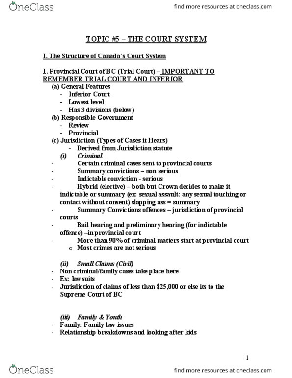 CRIM 135 Lecture Notes - Lecture 8: Indictable Offence, Provincial Superior, Responsible Government thumbnail