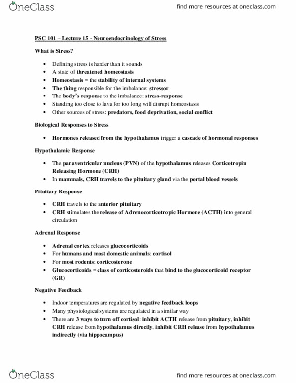 PSC 101 Lecture Notes - Lecture 15: Glucocorticoid Receptor, Sympathetic Nervous System, Adrenal Medulla thumbnail