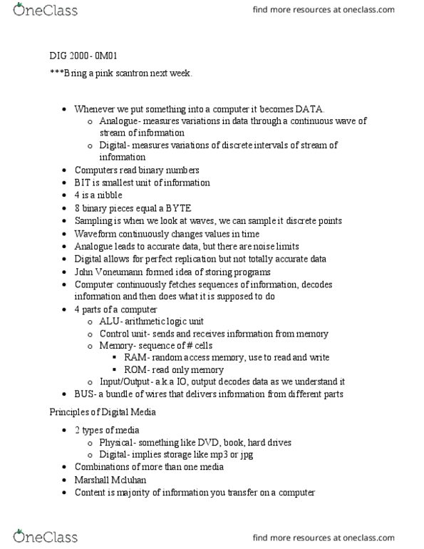 DIG 2000 Lecture Notes - Lecture 2: Marshall Mcluhan, Nibble, Control Unit thumbnail