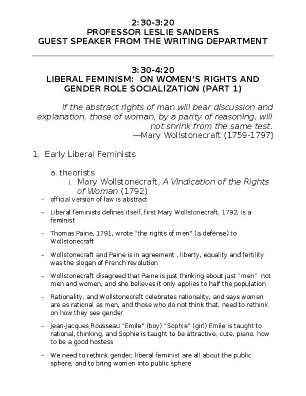 SOSC 1350 Chapter Notes -John Stuart Mill, Mary Wollstonecraft, Liberal Feminism thumbnail