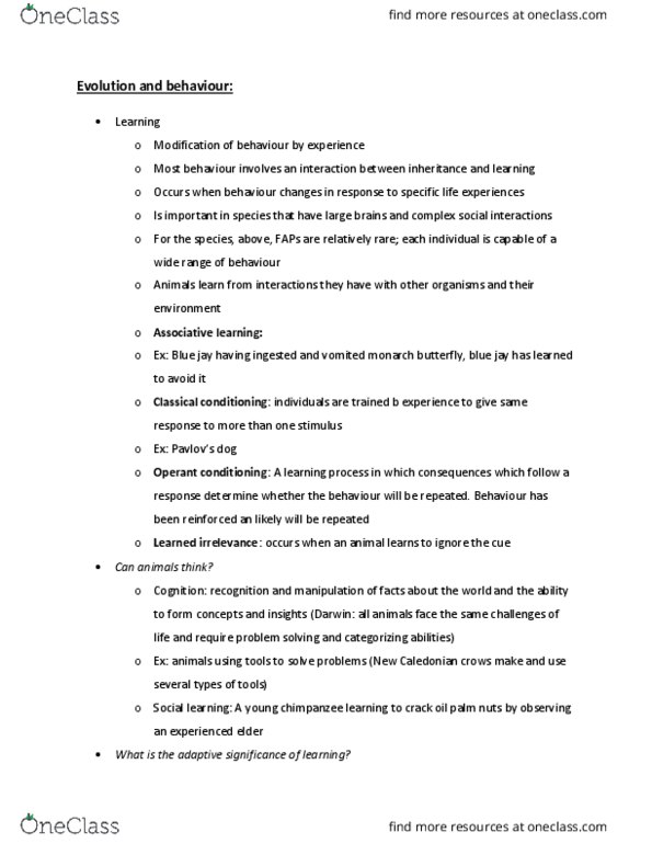 BIO152H5 Lecture Notes - Lecture 17: Blue Jay, Monarch Butterfly, Learning thumbnail