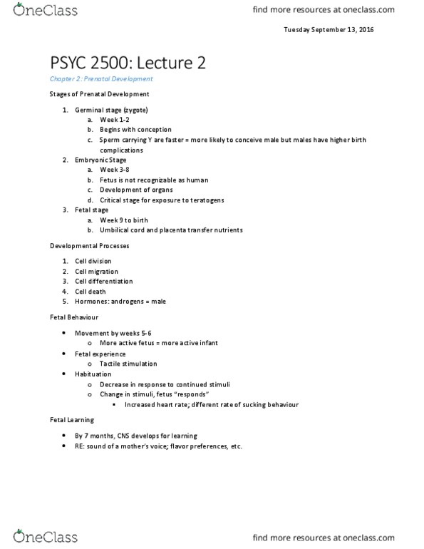 PSYC 2500 Lecture Notes - Lecture 3: Tachycardia, Fetal Alcohol Spectrum Disorder, Umbilical Cord thumbnail