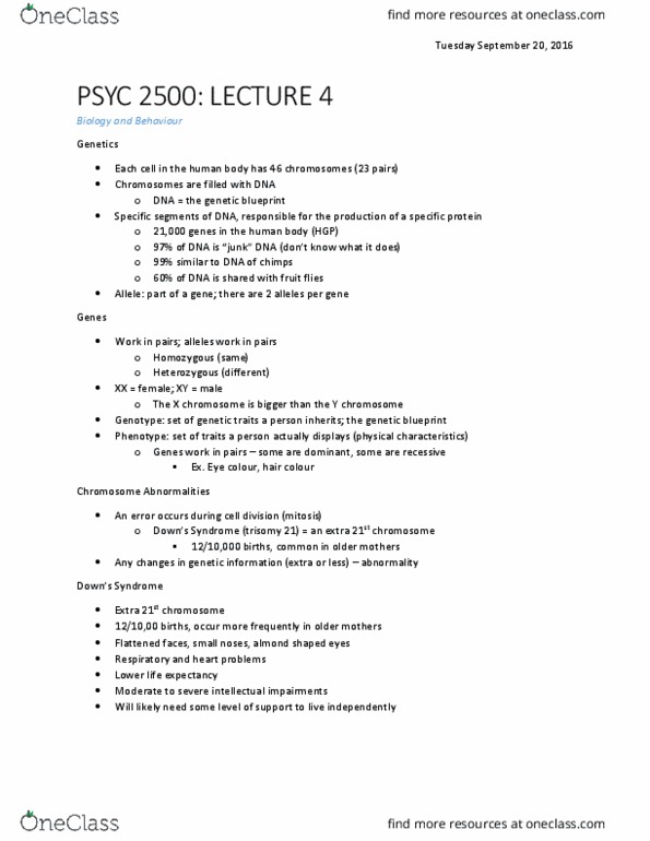 PSYC 2500 Lecture Notes - Lecture 4: Secondary Sex Characteristic, Developmental Disability, Phenylalanine thumbnail