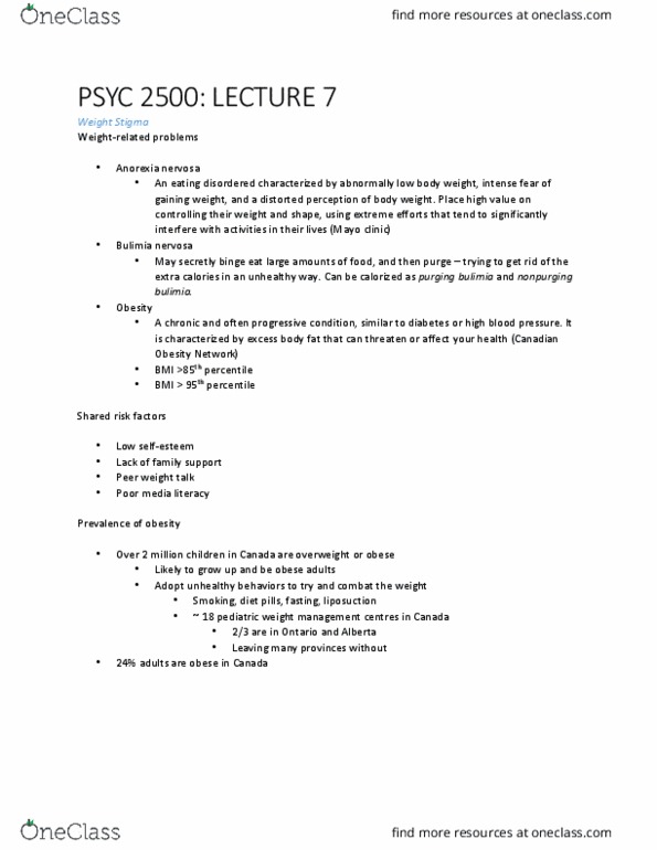 PSYC 2500 Lecture Notes - Lecture 7: Bulimia Nervosa, Anorexia Nervosa, Mayo Clinic thumbnail