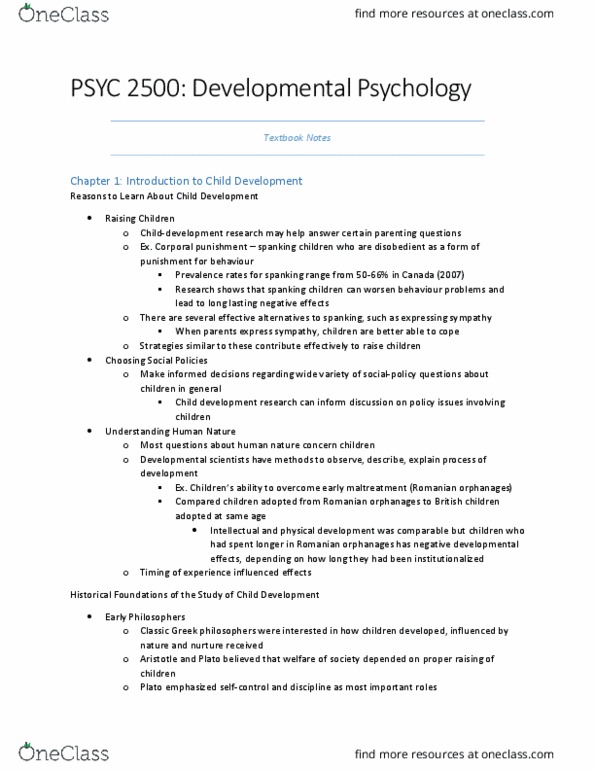 PSYC 2500 Chapter Notes - Chapter 1: Romanian Orphans, Child Development, Sigmund Freud thumbnail