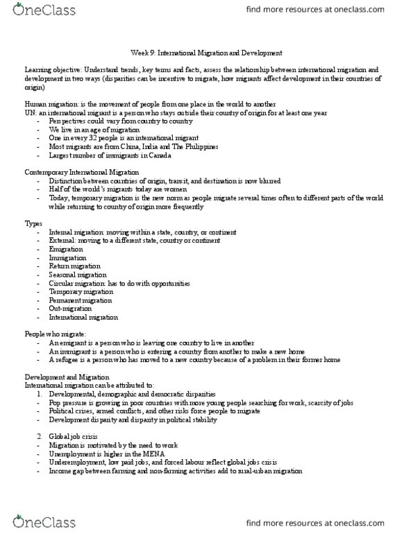 INDEV101 Lecture Notes - Lecture 9: Immigration, Circular Migration, Economic Inequality thumbnail