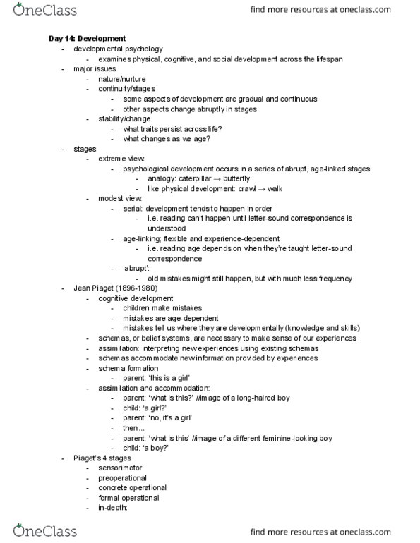 PSYC 1000 Lecture Notes - Lecture 14: Jean Piaget, Object Permanence, Developmental Psychology thumbnail