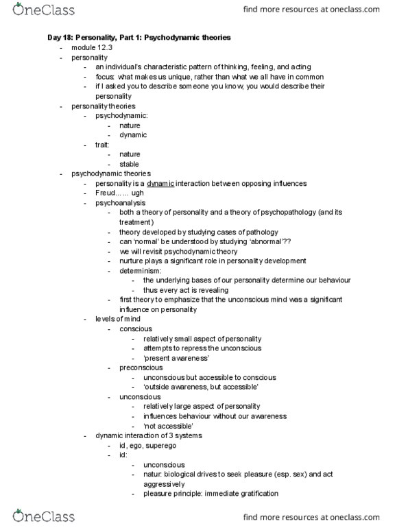 PSYC 1000 Lecture Notes - Lecture 18: Unconscious Mind, Reality Principle, Factor Analysis thumbnail