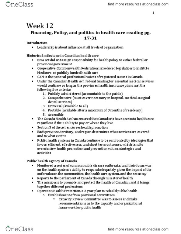 Nursing 2220A/B Chapter Notes - Chapter 12: Primary Healthcare, Canada Health Act, Occupational Safety And Health thumbnail