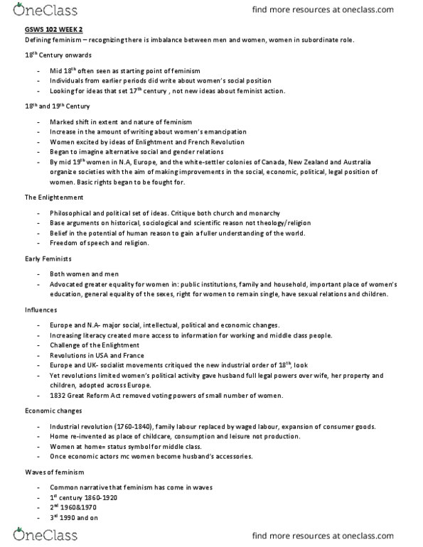 GSWS 102 Lecture Notes - Lecture 2: Reform Act 1832, Industrial Revolution, Age Of Enlightenment thumbnail