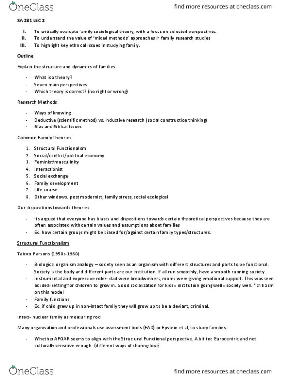 SA 231 Lecture Notes - Lecture 2: Talcott Parsons, Symbolic Interactionism, Nuclear Family thumbnail