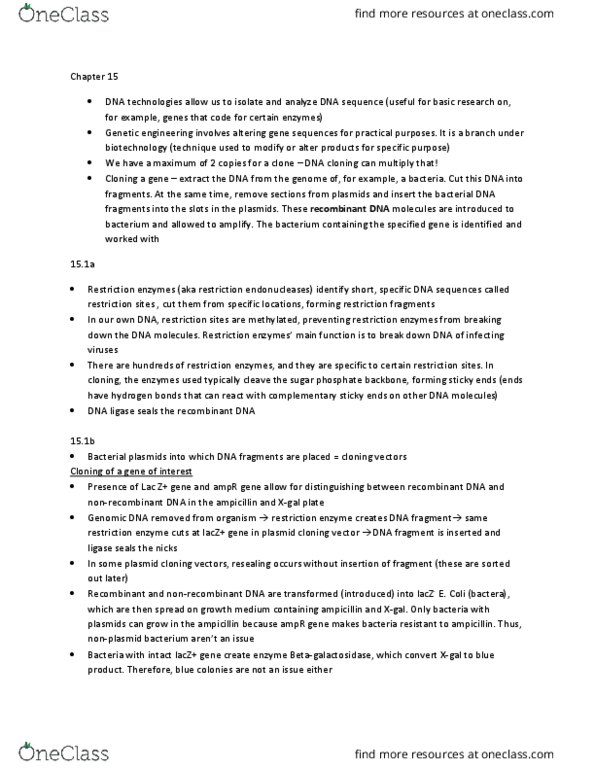 BIOL 1000 Chapter Notes - Chapter 15: Dna Ligase, Genomic Library, Lac Operon thumbnail