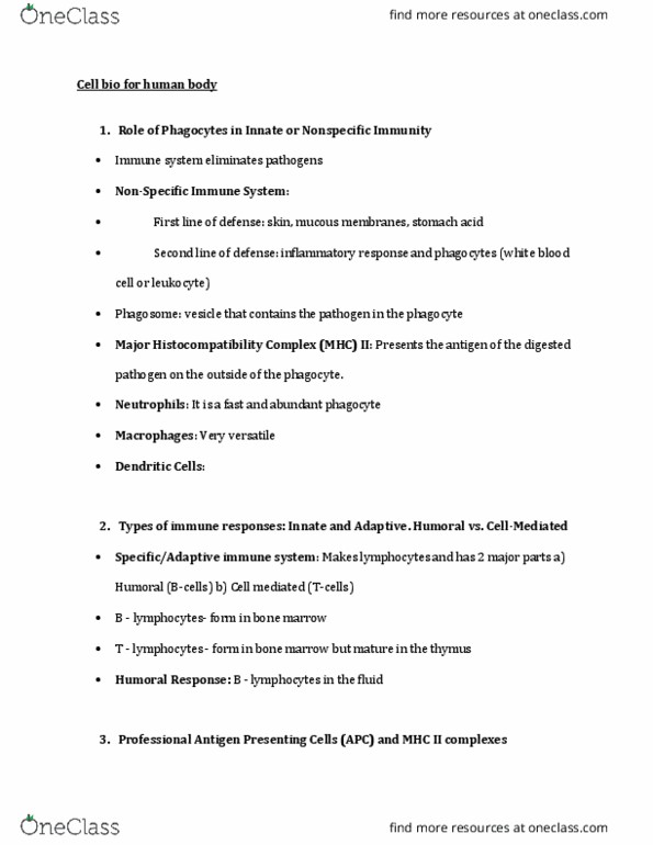 BIOS 222 Lecture Notes - Lecture 3: Antigen-Presenting Cell, Mhc Class Ii, T Cell thumbnail