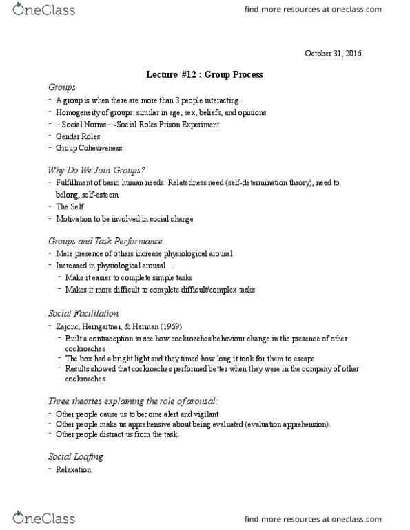 PSYC 2P30 Lecture Notes - Lecture 12: Deindividuation thumbnail