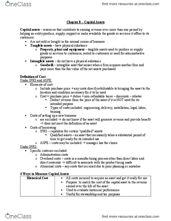 ACTG 2011 Chapter Notes - Chapter 8: Capital Asset, Intangible Asset, Book Value thumbnail