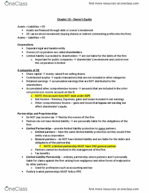 ACTG 2011 Chapter Notes - Chapter 10: Limited Liability Partnership, Net Income, Retained Earnings thumbnail