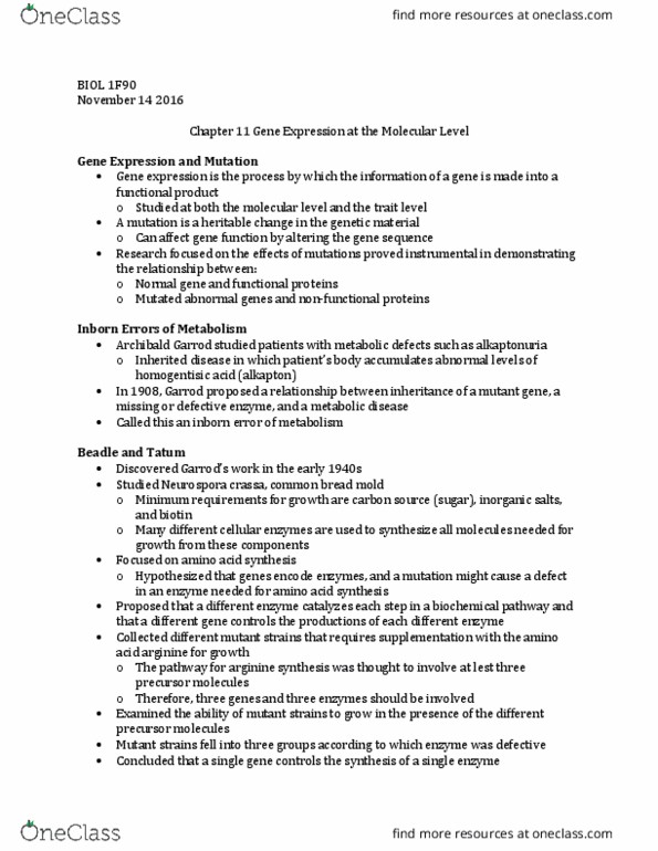 BIOL 1F90 Lecture Notes - Lecture 18: Archibald Garrod, Neurospora Crassa, Gene Expression thumbnail