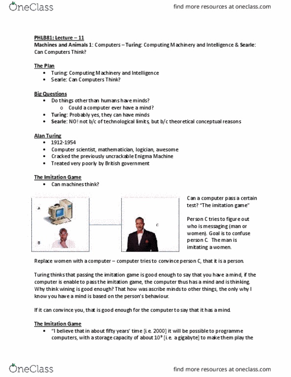 PHLB81H3 Lecture Notes - Lecture 11: John Searle, Enigma Machine, Social Philosophy thumbnail