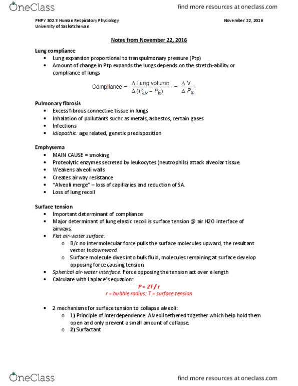 PHPY 302 Lecture Notes - Lecture 20: Infant Respiratory Distress Syndrome, Alveolar Cells, Pulmonary Compliance thumbnail