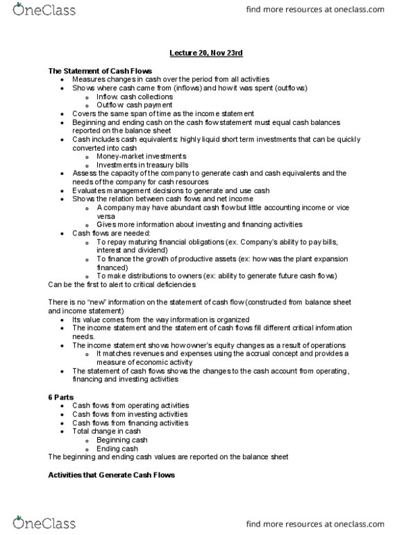 MGCR 211 Lecture Notes - Lecture 20: Cash Flow Statement, Cash Flow, Accrual thumbnail