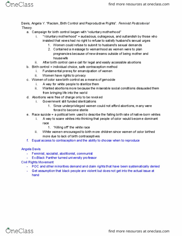 WGSS 1105 Lecture Notes - Lecture 12: Combined Oral Contraceptive Pill, Angela Davis, Emergency Contraception thumbnail