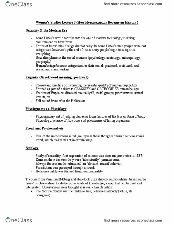 Women's Studies 1021F/G Lecture Notes - Lecture 3: Havelock Ellis, Physiognomy, Sexual Repression thumbnail