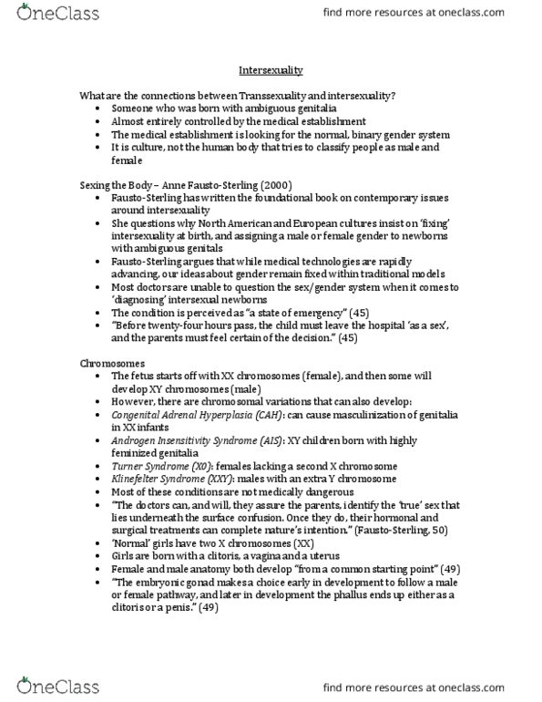 Women's Studies 1021F/G Lecture Notes - Lecture 10: Congenital Adrenal Hyperplasia, Turner Syndrome, Y Chromosome thumbnail