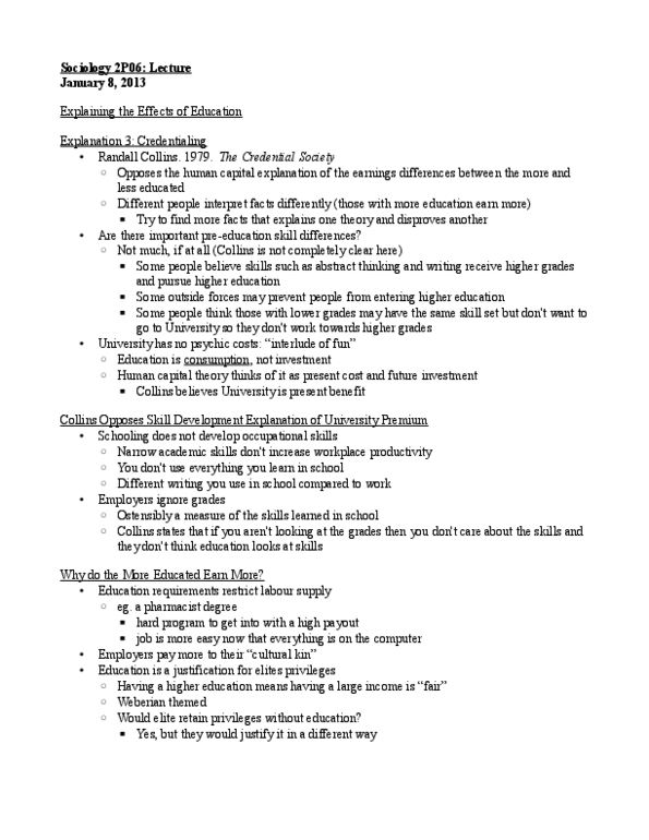 SOCIOL 2P06 Lecture Notes - Randall Collins, Human Capital, Information Asymmetry thumbnail