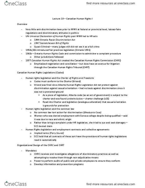 Law 2101 Lecture Notes - Lecture 19: Canadian Human Rights Tribunal, Ontario Human Rights Code, Canadian Human Rights Commission thumbnail