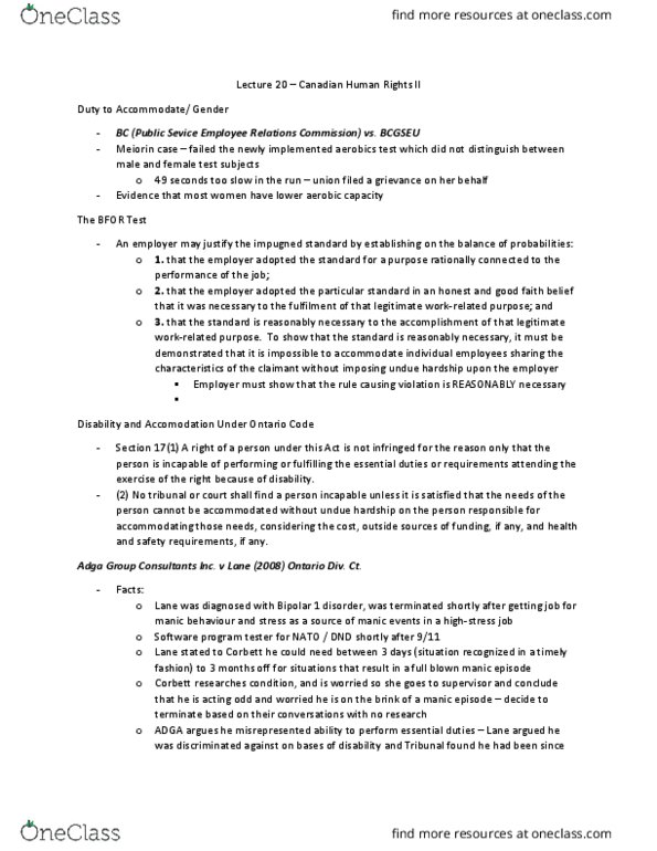 Law 2101 Lecture Notes - Lecture 20: Mania, Canadian Human Rights Act, Canada Border Services Agency thumbnail