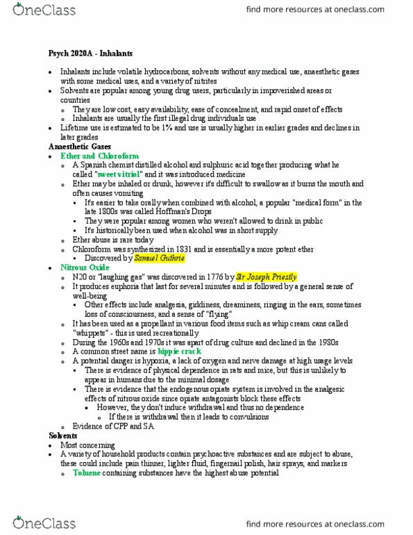 Psychology 2020A/B Lecture Notes - Lecture 9: Joseph Priestley, Chloroform, Dizziness thumbnail