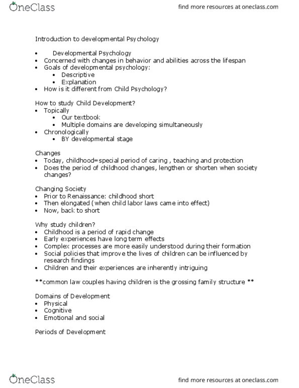 PSY 2105 Lecture Notes - Lecture 1: Developmental Psychology, Tabula Rasa, Psychosexual Development thumbnail