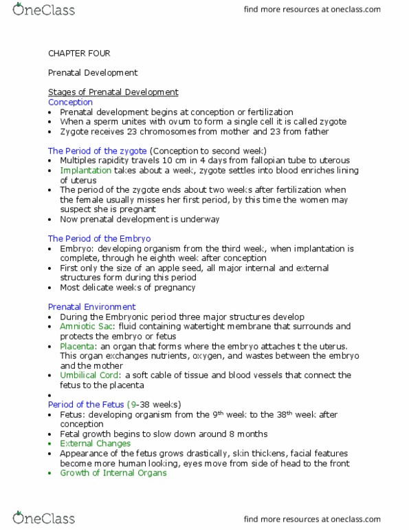 PSY 2105 Chapter Notes - Chapter 4: Prenatal Development, Fetus, Egg Cell thumbnail