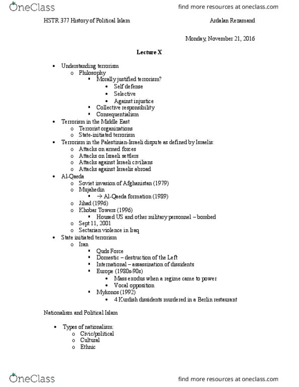 HSTR 377 Lecture Notes - Lecture 10: Mirza Malkam Khan, Filiki Eteria, Khobar Towers Bombing thumbnail