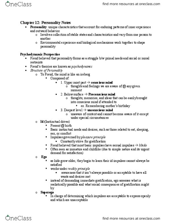 PS100 Lecture Notes - Lecture 12: Eysenck Personality Questionnaire, Hans Eysenck, Carl Jung thumbnail