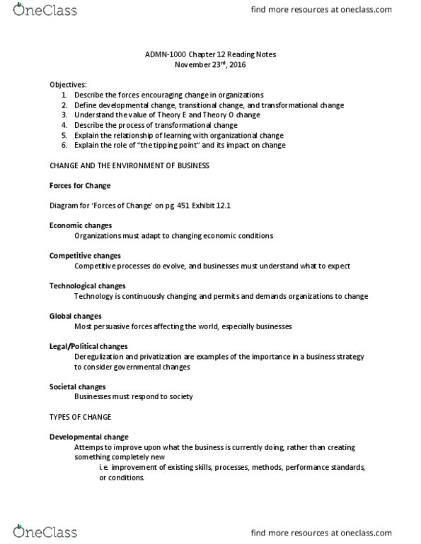 ADMN 1000H Chapter Notes - Chapter 12: Organizational Learning, Structural Change, Organization Development thumbnail