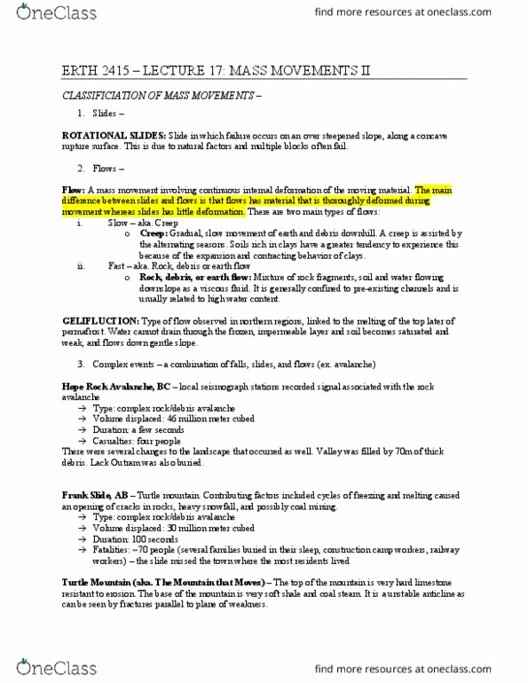 ERTH 2415 Lecture Notes - Lecture 17: Landslide, Earthflow, Frank Slide thumbnail