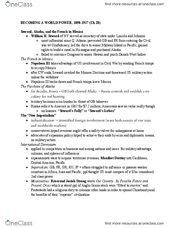 HIST 011 Lecture Notes - Lecture 5: Seward, Alaska, Monroe Doctrine, Josiah Strong thumbnail