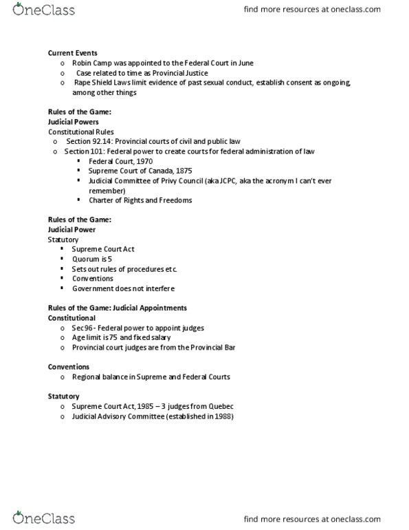 POLS 211 Lecture Notes - Lecture 10: Supreme Court Act, Provincial And Territorial Courts In Canada, Norm-Referenced Test thumbnail