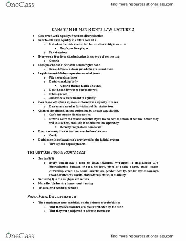 Law 2101 Lecture Notes - Lecture 16: Canadian Human Rights Act, The Employer, Protected Group thumbnail