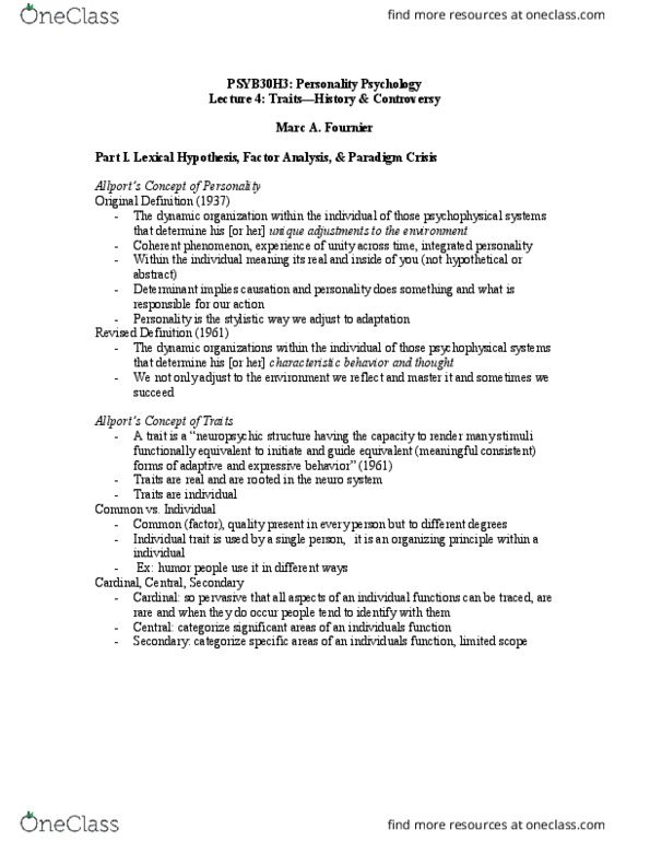 PSYB30H3 Lecture Notes - Lecture 4: Walter Mischel, Lexical Hypothesis, Factor Analysis thumbnail