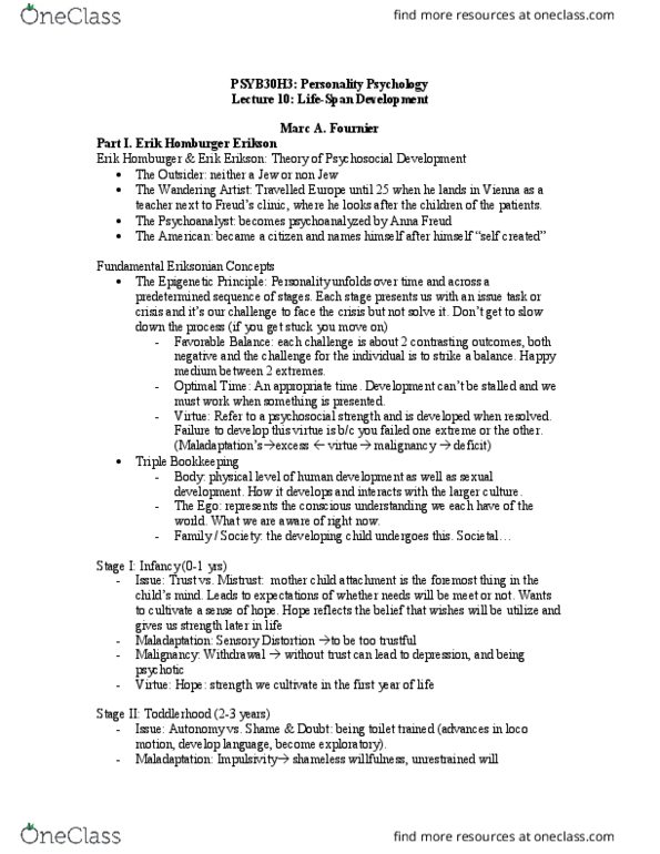PSYB30H3 Lecture Notes - Lecture 10: Erik Erikson, Anna Freud, Psychoanalysis thumbnail