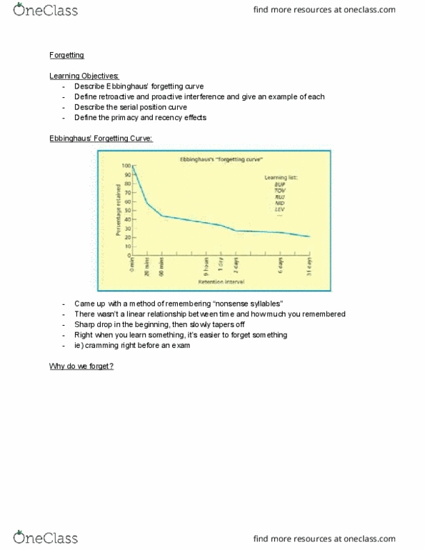 PSYC 101 Lecture Notes - Lecture 12: Interference Theory, Forgetting Curve, Prospective Memory thumbnail