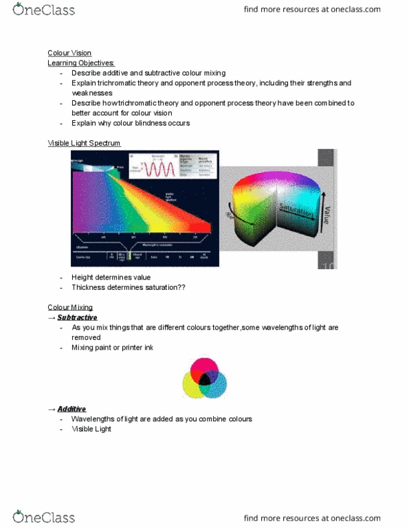 PSYC 101 Lecture Notes - Lecture 30: Color Vision, Trichromacy, Subtractive Color thumbnail